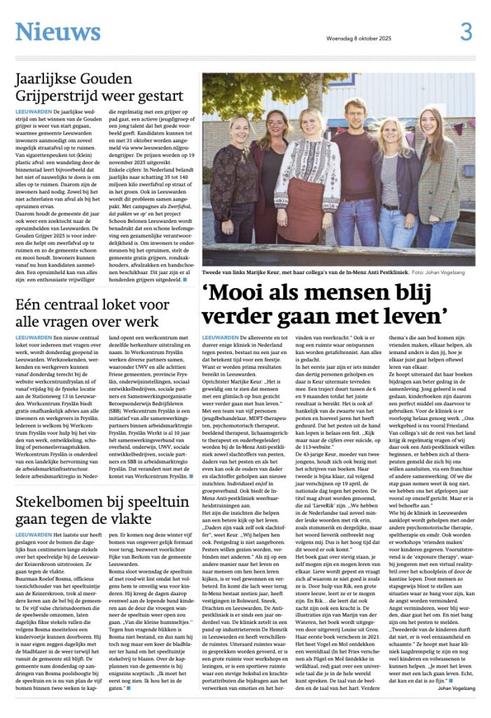 Interview Marijke Keur, huis-aan-huiskrant Leeuwarden 8 oktober 2025 1 jarig bestaan Anti-Pestkliniek